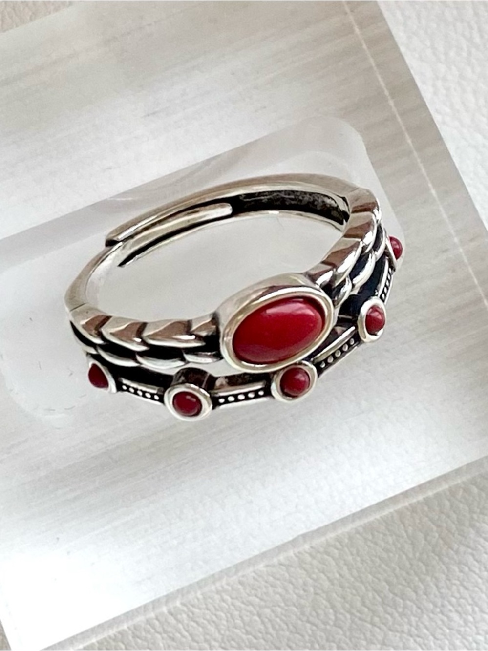 Silver Red Stone Stackable Ring - Picture 2 of 4